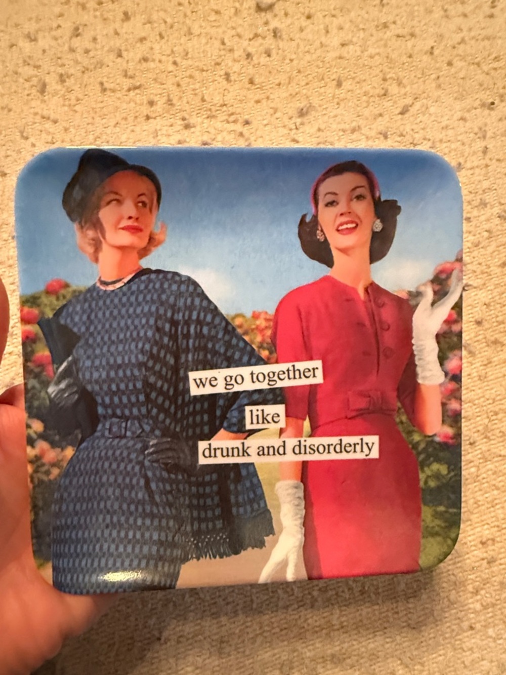Vintage-Inspired Coaster with Blue & Red Fashion Illustration